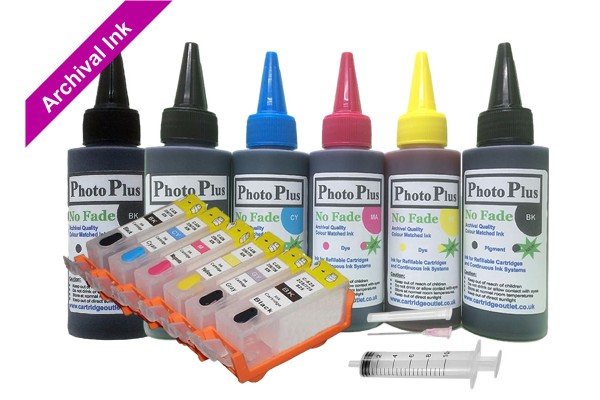 Refillable Cartridge Kit for Canon PGI-525-CLI-526, 6xCartridge Set with PhotoPlus Archival Ink.