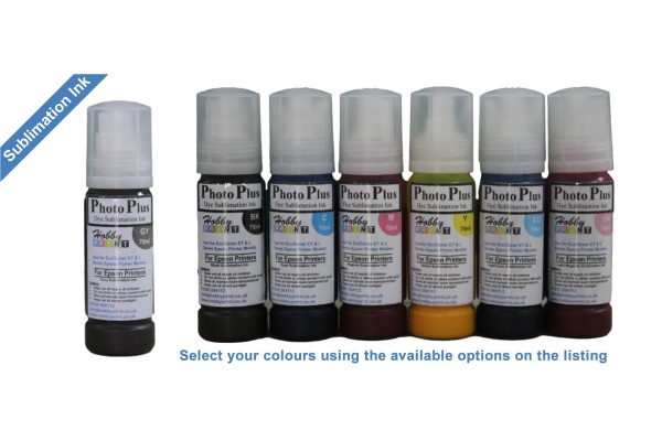7 Ink Colours of PhotoPlus Sublimation Ink for Epson Ecotainer Printers. Select Colours or Sets.