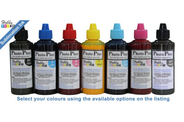 Sublimation ink in 100ml Bottles for Epson Printers, Select ink colours, PhotoPlus Brand