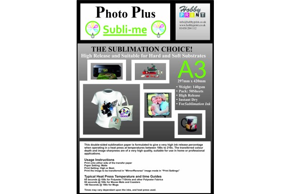 PhotoPlus A3 Dye Sublimation 140gsm Double Sided Transfer Paper, 50 Sheets.