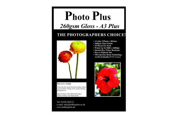 Photo Plus Photo Paper A3 Plus - 260gsm Premium Gloss Coated, 20 Sheets.